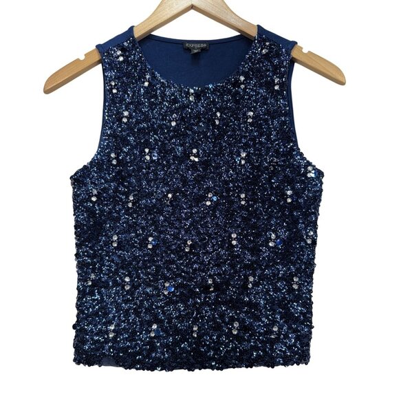 Express Womens Metallic Sequin Embellished Tank Top Size S Navy Blue Preppy Chic - Picture 2 of 12